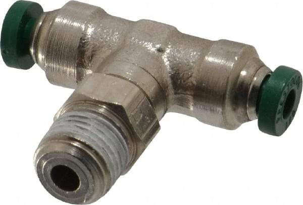 Parker - 1/8" Outside Diam, 1/8 NPTF, Nickel Plated Brass Push-to-Connect Tube Male Swivel Branch Tee - 300 Max psi, Tube to Male NPT Connection, Buna-N O-Ring - Industrial Tool & Supply