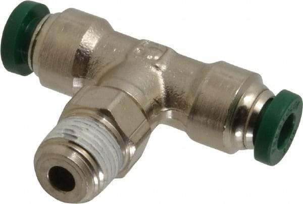 Parker - 3/16" Outside Diam, 1/8 NPTF, Nickel Plated Brass Push-to-Connect Tube Male Swivel Branch Tee - 300 Max psi, Tube to Male NPT Connection, Buna-N O-Ring - Industrial Tool & Supply