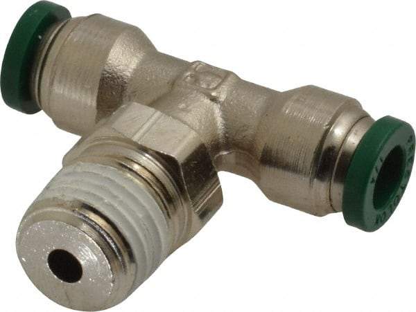 Parker - 1/4" Outside Diam, 1/4 NPTF, Nickel Plated Brass Push-to-Connect Tube Male Swivel Branch Tee - 300 Max psi, Tube to Male NPT Connection, Buna-N O-Ring - Industrial Tool & Supply