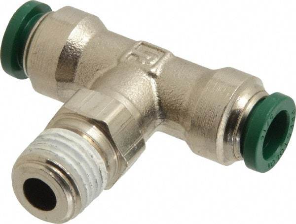 Parker - 5/16" Outside Diam, 1/4 NPTF, Nickel Plated Brass Push-to-Connect Tube Male Swivel Branch Tee - 300 Max psi, Tube to Male NPT Connection, Buna-N O-Ring - Industrial Tool & Supply