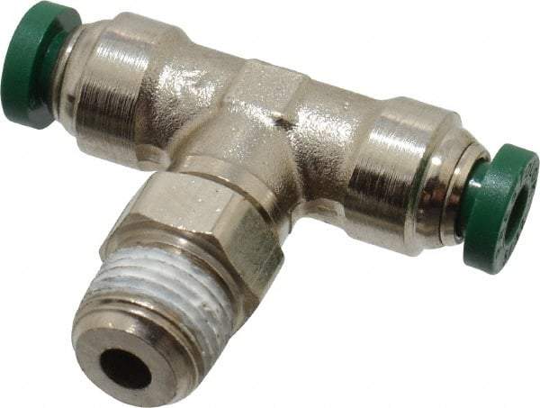 Parker - 5/32" Outside Diam, 1/8 NPTF, Nickel Plated Brass Push-to-Connect Tube Male Swivel Branch Tee - 300 Max psi, Tube to Male NPT Connection, Buna-N O-Ring - Industrial Tool & Supply