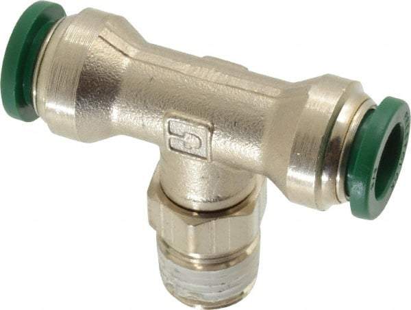 Parker - 3/8" Outside Diam, 1/4 NPTF, Nickel Plated Brass Push-to-Connect Tube Male Swivel Branch Tee - 300 Max psi, Tube to Male NPT Connection, Buna-N O-Ring - Industrial Tool & Supply