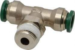 Parker - 3/8" Outside Diam, 3/8 NPTF, Nickel Plated Brass Push-to-Connect Tube Male Swivel Branch Tee - 300 Max psi, Tube to Male NPT Connection, Buna-N O-Ring - Industrial Tool & Supply