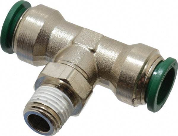 Parker - 1/2" Outside Diam, 1/4 NPTF, Nickel Plated Brass Push-to-Connect Tube Male Swivel Branch Tee - 300 Max psi, Tube to Male NPT Connection, Buna-N O-Ring - Industrial Tool & Supply