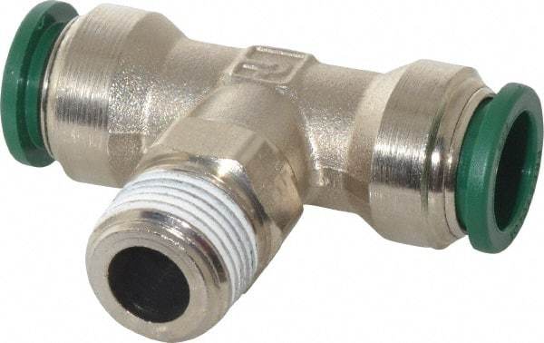 Parker - 1/2" Outside Diam, 3/8 NPTF, Nickel Plated Brass Push-to-Connect Tube Male Swivel Branch Tee - 300 Max psi, Tube to Male NPT Connection, Buna-N O-Ring - Industrial Tool & Supply