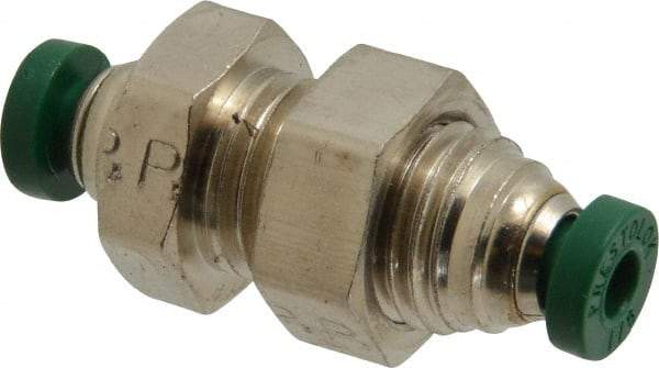 Parker - 1/8" Outside Diam, Nickel Plated Brass Push-to-Connect Tube Bulkhead Union - 300 Max psi, Tube to Tube Connection, Buna-N O-Ring - Industrial Tool & Supply