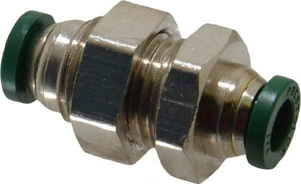 Parker - 1/4" Outside Diam, Nickel Plated Brass Push-to-Connect Tube Bulkhead Union - 300 Max psi, Tube to Tube Connection, Buna-N O-Ring - Industrial Tool & Supply