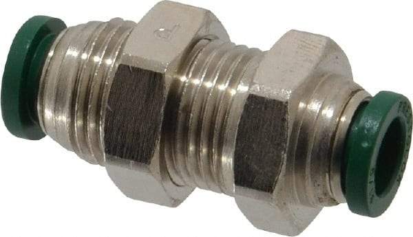 Parker - 5/16" Outside Diam, Nickel Plated Brass Push-to-Connect Tube Bulkhead Union - 300 Max psi, Tube to Tube Connection, Buna-N O-Ring - Industrial Tool & Supply