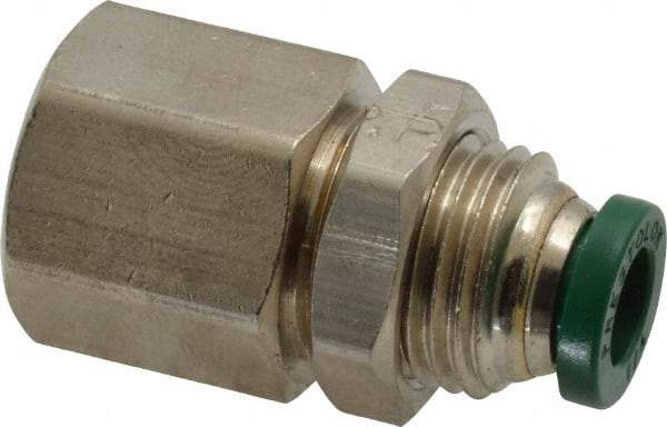 Parker - 1/4" Outside Diam, 1/4 NPTF, Nickel Plated Brass Push-to-Connect Tube Female Bulkhead - 300 Max psi, Tube to Female NPT Connection, Buna-N O-Ring - Industrial Tool & Supply