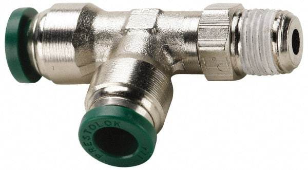 Parker - 1/2" Outside Diam, 1/2 NPTF, Nickel Plated Brass Push-to-Connect Tube Male Swivel Run Tee - 300 Max psi, Tube to Male NPT Connection, Buna-N O-Ring - Industrial Tool & Supply