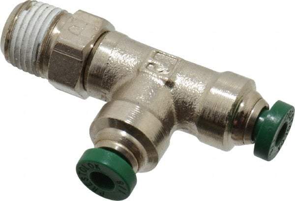 Parker - 1/8" Outside Diam, 1/8 NPTF, Nickel Plated Brass Push-to-Connect Tube Male Swivel Run Tee - 300 Max psi, Tube to Male NPT Connection, Buna-N O-Ring - Industrial Tool & Supply