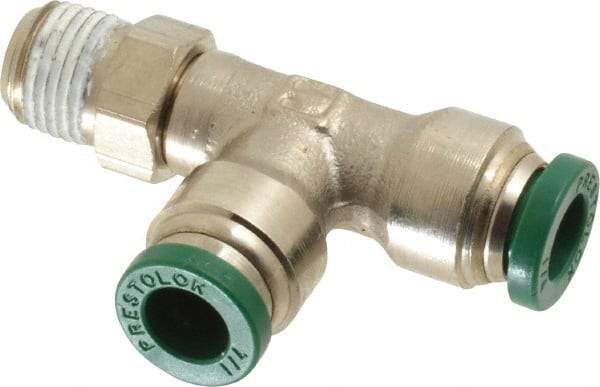 Parker - 1/4" Outside Diam, 1/8 NPTF, Nickel Plated Brass Push-to-Connect Tube Male Swivel Run Tee - 300 Max psi, Tube to Male NPT Connection, Buna-N O-Ring - Industrial Tool & Supply