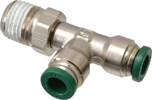 Parker - 1/4" Outside Diam, 1/4 NPTF, Nickel Plated Brass Push-to-Connect Tube Male Swivel Run Tee - 300 Max psi, Tube to Male NPT Connection, Buna-N O-Ring - Industrial Tool & Supply