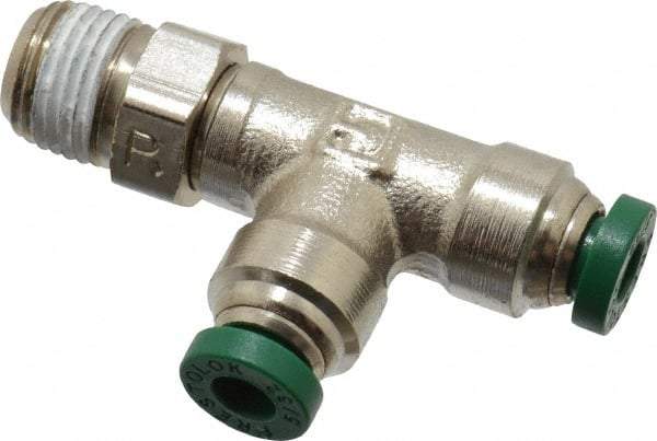 Parker - 5/32" Outside Diam, 1/8 NPTF, Nickel Plated Brass Push-to-Connect Tube Male Swivel Run Tee - 300 Max psi, Tube to Male NPT Connection, Buna-N O-Ring - Industrial Tool & Supply