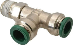 Parker - 3/8" Outside Diam, 1/4 NPTF, Nickel Plated Brass Push-to-Connect Tube Male Swivel Run Tee - 300 Max psi, Tube to Male NPT Connection, Buna-N O-Ring - Industrial Tool & Supply