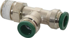 Parker - 3/8" Outside Diam, 3/8 NPTF, Nickel Plated Brass Push-to-Connect Tube Male Swivel Run Tee - 300 Max psi, Tube to Male NPT Connection, Buna-N O-Ring - Industrial Tool & Supply