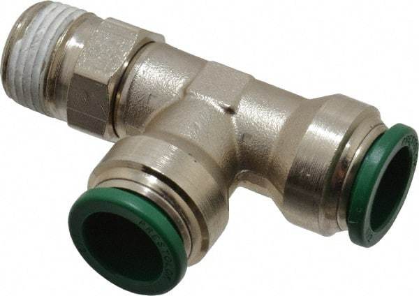 Parker - 1/2" Outside Diam, 3/8 NPTF, Nickel Plated Brass Push-to-Connect Tube Male Swivel Run Tee - 300 Max psi, Tube to Male NPT Connection, Buna-N O-Ring - Industrial Tool & Supply