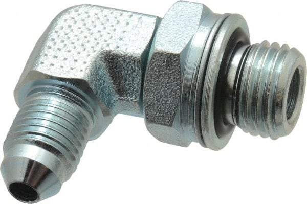 Voss - 7/16-20 x M14x1.5 Male Thread, Zinc Plated Carbon Steel Industrial Pipe 90° Elbow Adapter - MJIC x Male Metric - Industrial Tool & Supply
