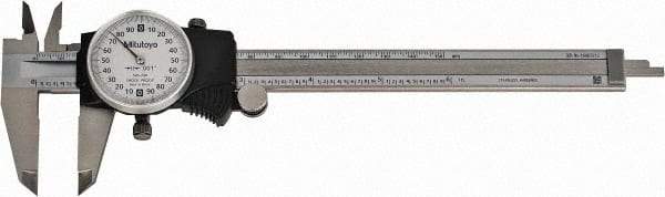 Mitutoyo - 0mm to 6" Range, 0.001" Graduation, 0.2" per Revolution, Dial Caliper - White Face, 1-9/16" Jaw Length, Accurate to 0.0010" - Industrial Tool & Supply