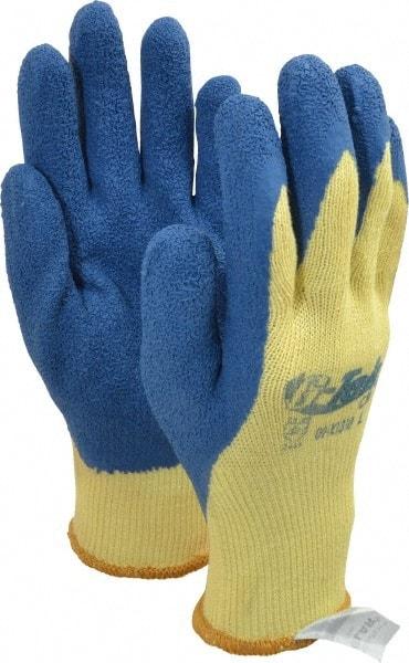 PRO-SAFE - Size L (9), ANSI Cut Lvl A3, Puncture Lvl 4, Abrasion Lvl 2, Latex Coated Cut Resistant Gloves - 9" Long, Palm & Fingers Coated, Kevlar Lining, Knit Wrist, Yellow/Blue, Paired - Industrial Tool & Supply