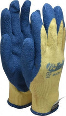 PRO-SAFE - Size M (8), ANSI Cut Lvl A3, Puncture Lvl 4, Abrasion Lvl 2, Latex Coated Cut Resistant Gloves - 9" Long, Palm & Fingers Coated, Kevlar Lining, Knit Wrist, Yellow/Blue, Paired - Industrial Tool & Supply