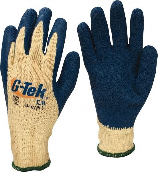 PRO-SAFE - Size S (7), ANSI Cut Lvl A3, Puncture Lvl 4, Abrasion Lvl 2, Latex Coated Cut Resistant Gloves - 9" Long, Palm & Fingers Coated, Kevlar Lining, Knit Wrist, Yellow/Blue, Paired - Industrial Tool & Supply