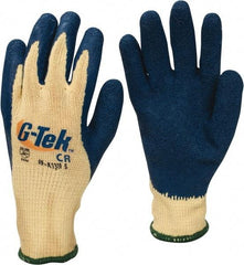 PRO-SAFE - Size S (7), ANSI Cut Lvl A3, Puncture Lvl 4, Abrasion Lvl 2, Latex Coated Cut Resistant Gloves - 9" Long, Palm & Fingers Coated, Kevlar Lining, Knit Wrist, Yellow/Blue, Paired - Industrial Tool & Supply
