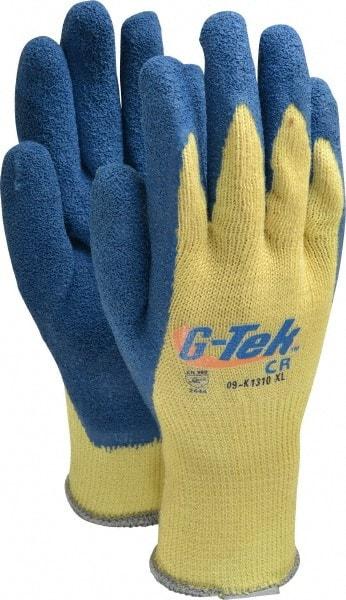 PRO-SAFE - Size XL (10), ANSI Cut Lvl A3, Puncture Lvl 4, Abrasion Lvl 2, Latex Coated Cut Resistant Gloves - 9" Long, Palm & Fingers Coated, Kevlar Lining, Knit Wrist, Yellow/Blue, Paired - Industrial Tool & Supply