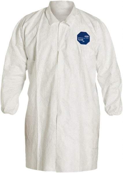 Dupont - Size L White Disposable Chemical Resistant Lab Coat - Tyvek, Snap Front, Elastic Cuff - Industrial Tool & Supply