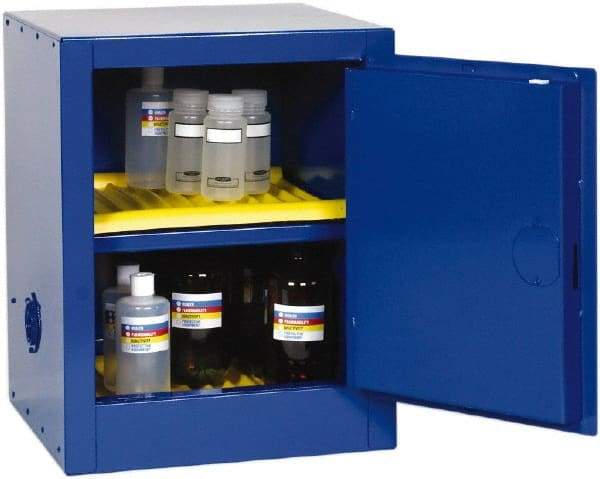 Eagle - 1 Door, 1 Shelf, Blue Steel Bench Top Safety Cabinet for Corrosive Chemicals - 23" High x 17-1/2" Wide x 18" Deep, Self Closing Door, 3 Point Key Lock, 4 Gal Capacity - Industrial Tool & Supply