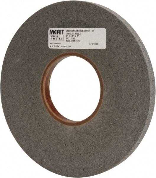 Merit Abrasives - 8" Diam, 1/2" Face Width, 3" Center Hole, Fine Grade, Silicon Carbide Deburring Wheel - Convolute, Hard Density 9 Grade, 4,500 RPM - Industrial Tool & Supply