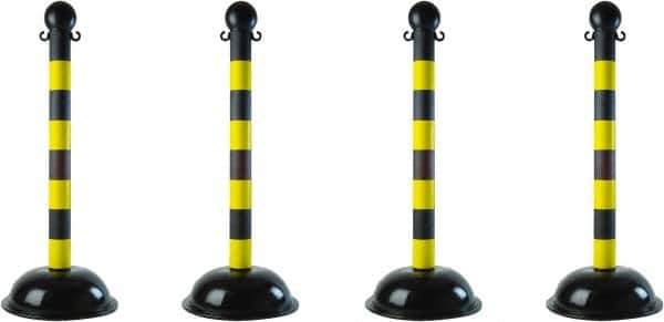 PRO-SAFE - 41" High, 2" Pole Diam, Warning Post - 16" Base Diam, Black & Yellow Plastic Post - Industrial Tool & Supply