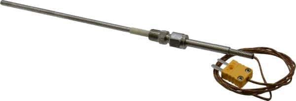Thermo Electric - 0 to 2012°F, K Pipe Fitting, Thermocouple Probe - 6 Ft. Cable Length, Mini Connector, 9 Sec Response Time - Industrial Tool & Supply