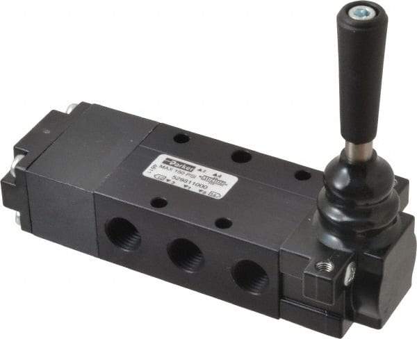 Parker - 0.83 CV Rate, 1/4" NPT Inlet Direct Air 4 Mechanical Spool Valve - 4 Way, 3 Position EC, Lever Spring Return, 150 Max psi - Industrial Tool & Supply