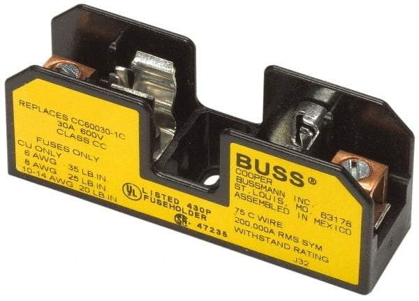 Cooper Bussmann - 3 Pole, 10 to 14 AWG, 600 VAC/VDC, 15 Amp, DIN Rail Mount Fuse Block - 3 Inch Long x 2.38 Inch Wide x 1.22 Inch High Block - Industrial Tool & Supply