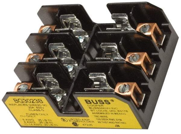 Cooper Bussmann - 3 Pole, 14 to 6 AWG, 480 VAC/VDC, 30 Amp, DIN Rail Mount Fuse Block - 3 Inch Long x 2.38 Inch Wide x 1.22 Inch High Block - Industrial Tool & Supply