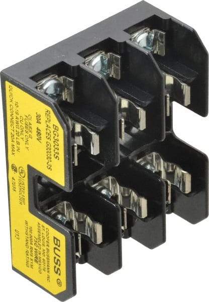 Cooper Bussmann - 3 Pole, 10 to 14 AWG, 480 VAC/VDC, 30 Amp, DIN Rail Mount Fuse Block - 3 Inch Long x 2.38 Inch Wide x 1.22 Inch High Block - Industrial Tool & Supply