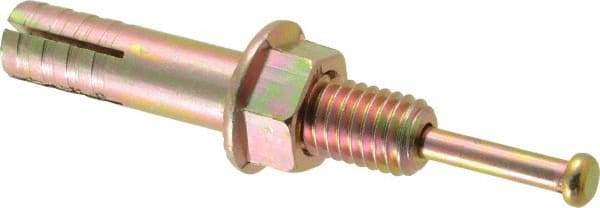 Wej-It - 1/2" Diam, 1/2" Drill, 2-3/4" OAL, 1-3/4" Min Embedment Hammer Drive Concrete Anchor - Grade 5 Iron (Pin)/Steel (Body), Zinc Yellow Dichromate Finish, Hex Nut Head, Hex Drive - Industrial Tool & Supply