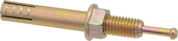 Wej-It - 1/2" Diam, 1/2" Drill, 3-1/2" OAL, 2-1/4" Min Embedment Hammer Drive Concrete Anchor - Grade 5 Iron (Pin)/Steel (Body), Zinc Yellow Dichromate Finish, Hex Nut Head, Hex Drive - Industrial Tool & Supply