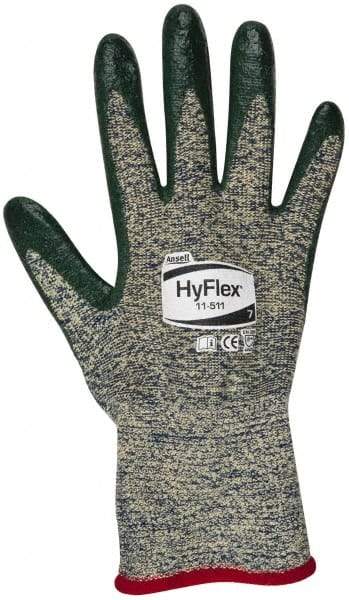 Ansell - Size S (7), ANSI Cut Lvl 4, Abrasion Lvl 3, Nitrile Coated Cut Resistant Gloves - 12" Long, Palm & Fingers Coated, Kevlar Lining, Knit Wrist, Green, Paired - Industrial Tool & Supply