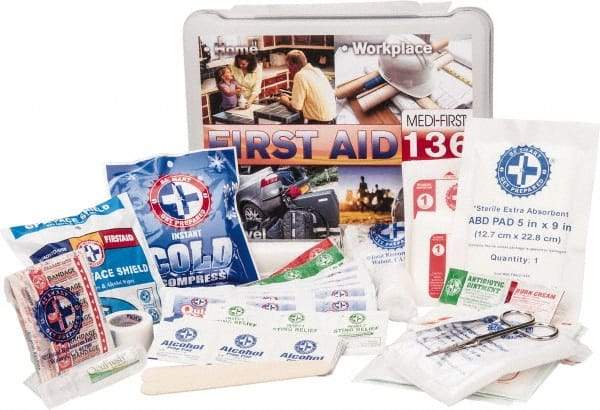 Medique - 136 Piece, Multipurpose/Auto/Travel First Aid Kit - 10-1/2" Wide x 3" Deep x 9" High, Plastic Case - Industrial Tool & Supply