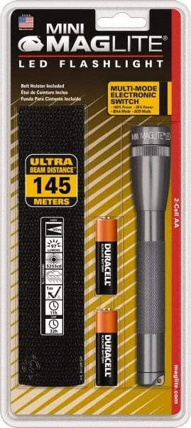 Mag-Lite - White LED Bulb, 97 Lumens, Mini Flashlight - Gray Aluminum Body, 2 AA Alkaline Batteries Included - Industrial Tool & Supply