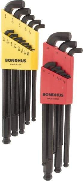 Bondhus - 22 Piece L-Key Ball End Hex Key Set - Hex Range 0.05 to 3/8", Protanium Up to reg/ Over Steel - Industrial Tool & Supply