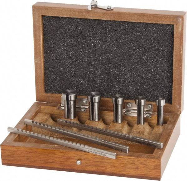 Value Collection - 8 Piece, 1/16 to 1/8" Keyway Width, Style A Keyway Broach Set - Bright Finish High Speed Steel Broach, Collared Bushing, 1/4 to 1/2" Bushing Diam - Industrial Tool & Supply