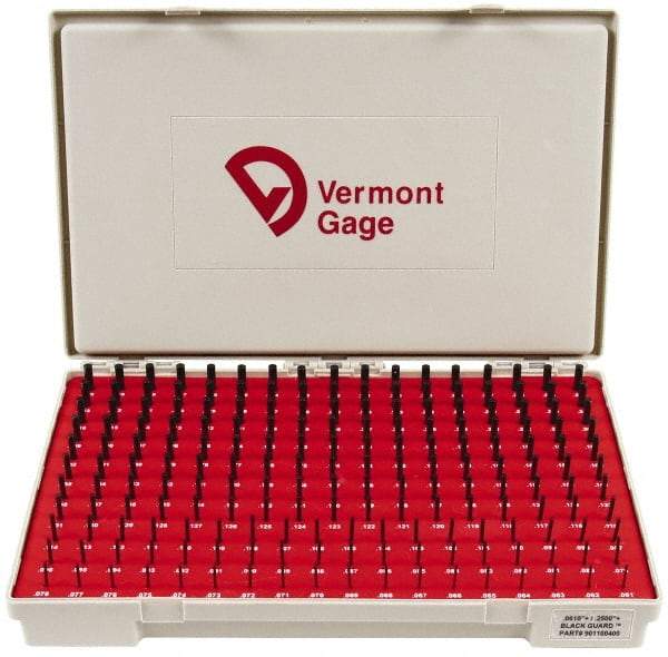 Vermont Gage - 190 Piece, 0.061-0.25 Inch Diameter Plug and Pin Gage Set - Plus 0.0002 Inch Tolerance, Class ZZ - Industrial Tool & Supply