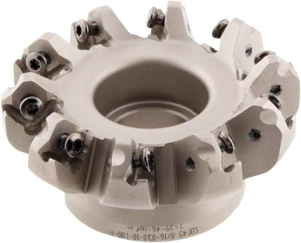 Iscar - 3" Cut Diam, 1" Arbor Hole, 0.138" Max Depth of Cut, 45° Indexable Chamfer & Angle Face Mill - 10 Inserts, ONHU 0505\xB6OXMT 0507\xB6S845 SN.U 1305 Insert, Right Hand Cut, 10 Flutes, Series Helido - Industrial Tool & Supply
