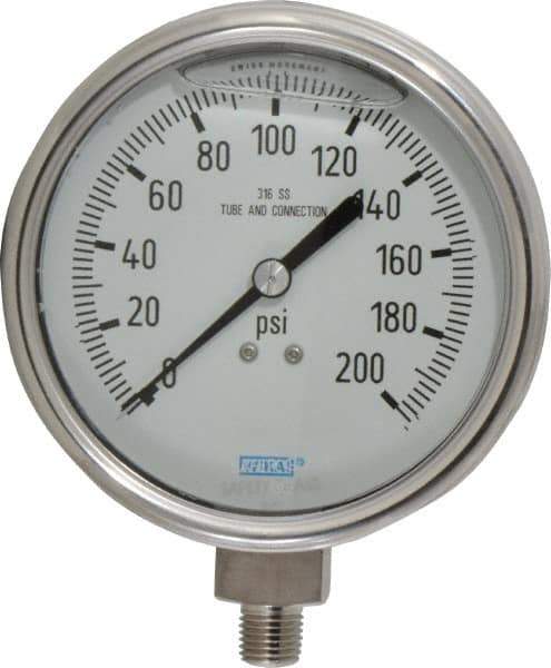 Wika - 4" Dial, 1/4 Thread, 0-200 Scale Range, Pressure Gauge - Lower Connection Mount, Accurate to 1% of Scale - Industrial Tool & Supply