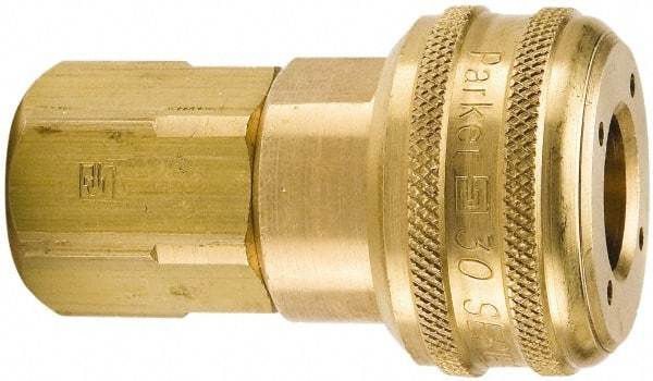Parker - 1/2-14 Female NPTF Industrial Pneumatic Hose Coupler - Brass, 3/4" Body Diam - Industrial Tool & Supply