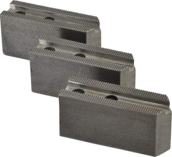 H & R Manufacturing - 1.5mm x 60° Serrated Attachment, Square Soft Lathe Chuck Jaw - 3 Jaws, Steel, 0.969" Btw Mount Hole Ctrs, 3-1/8" Long x 1" Wide x 1-1/2" High, 0.433" Groove, 8mm Fastener - Industrial Tool & Supply