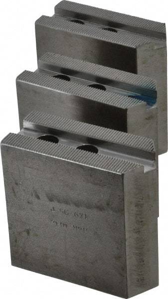 H & R Manufacturing - 1.5mm x 60° Serrated Attachment, Square Soft Lathe Chuck Jaw - 3 Jaws, Steel, 1" Btw Mount Hole Ctrs, 3-1/2" Long x 1-1/2" Wide x 3-1/2" High, 0.551" Groove, 12mm Fastener - Industrial Tool & Supply